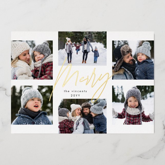 Modern merry gold 6 photo Christmas collage Foil Holiday Card (Front)