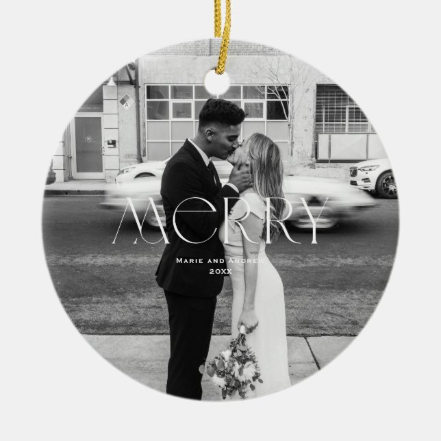 Modern Merry Holiday design Ceramic Tree Decoration (Front)