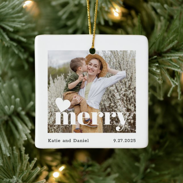 Modern Merry Holiday Family Double Sided Photo Ceramic Ornament (Tree)