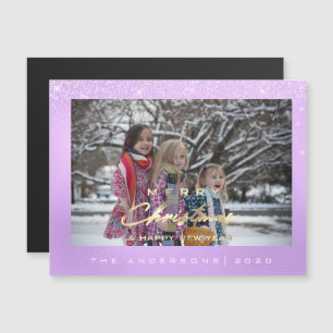 Modern Merry Holiday Photo Gold Spark Purple White Magnetic Invitation