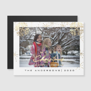 Modern Merry Holiday Snowflakes Photo White Magnetic Invitation