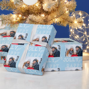 Modern Merry Jolly Happy Custom Photo Christmas Wrapping Paper