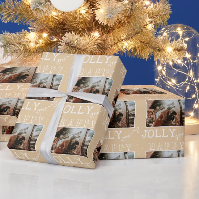 Modern Merry Jolly Happy Custom Photo Christmas Wrapping Paper (Holidays)