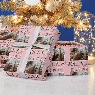 Modern Merry Jolly Happy Custom Photo Christmas Wrapping Paper