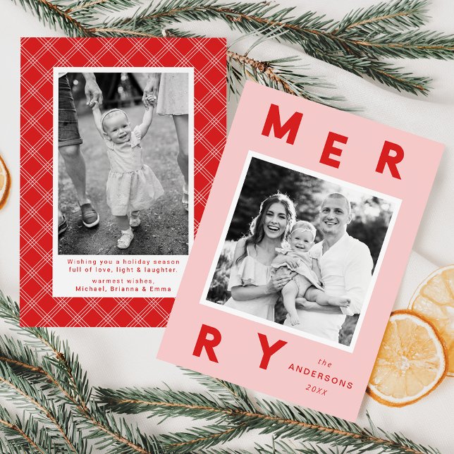 Modern Merry Letters Pink & Red 2 Photo Holiday Card (Creator Uploaded)