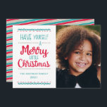 Modern Merry Little Christmas Cute Aqua Photo Holiday Card<br><div class="desc">Send fun Christmas cheer with these colourful, modern photo cards! They feature stylish, cute typography, reading, "Have yourself a Merry Little Christmas" in aqua, red, and tan over a white background. The back of the card contains a coordinating, colourful diagonal stripes design. For product or design enquiries, please contact me...</div>