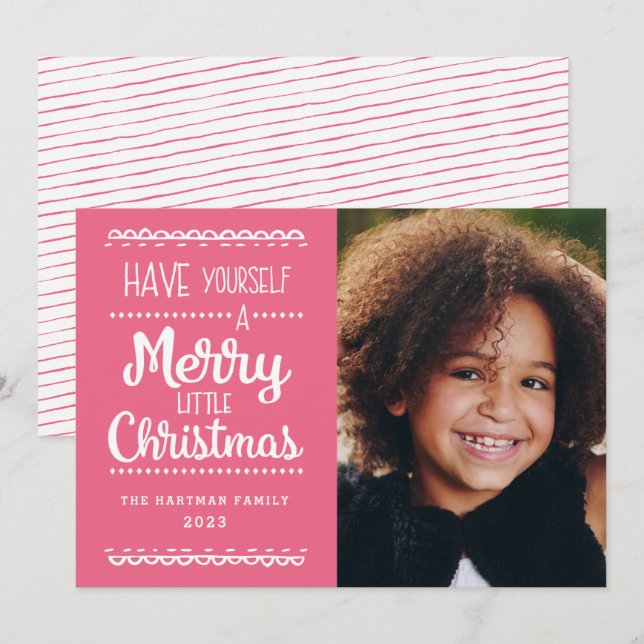 Modern Merry Little Christmas Cute Pink Photo Holiday Card (Front/Back)