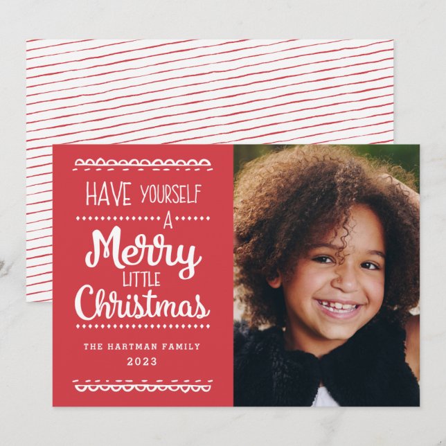 Modern Merry Little Christmas Cute Red Photo Holiday Card (Front/Back)