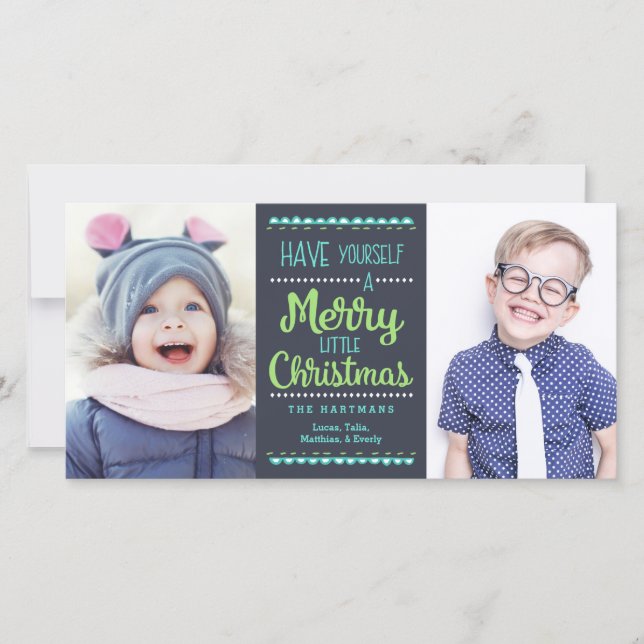 Modern Merry Little Christmas Two Photo Navy Holiday Card (Front)