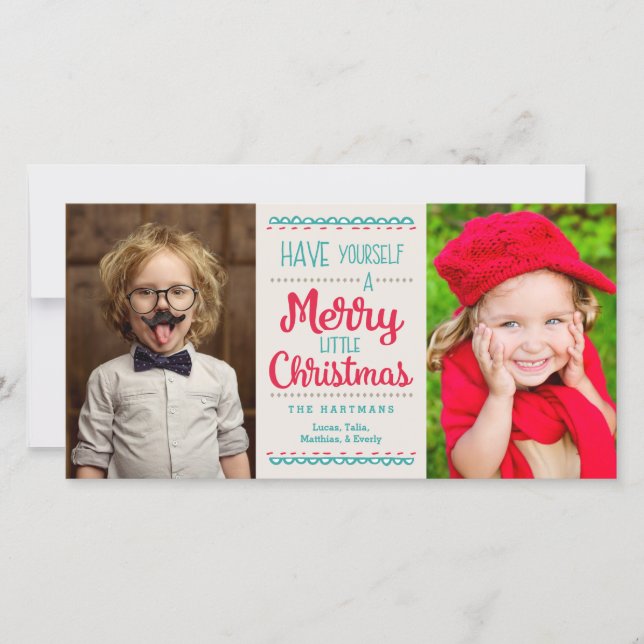 Modern Merry Little Christmas Two Photo Tan Holiday Card (Front)