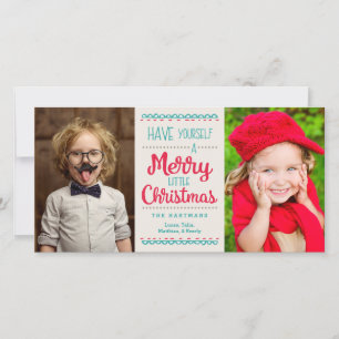 Modern Merry Little Christmas Two Photo Tan Holiday Card