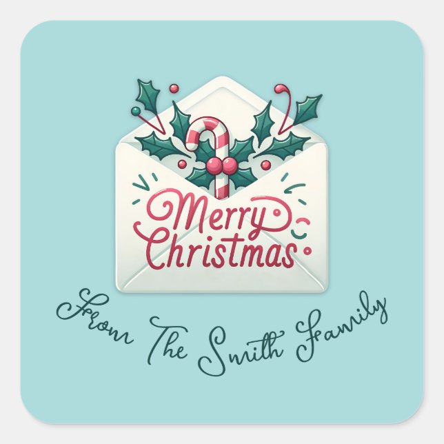 Modern Merry Mail Whimsical Christmas Custom Name Square Sticker (Front)