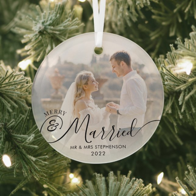 Modern Merry Married Christmas Photo Black White Glass Tree Decoration (Insitu)