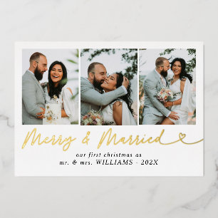 Modern Merry & Married Newlywed Photo Christmas  Foil Holiday Card