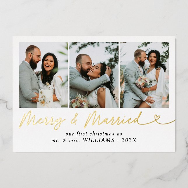 Modern Merry & Married Newlywed Photo Christmas  Foil Holiday Card (Front)