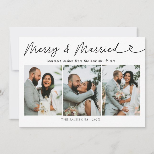 Modern Merry & Married Newlywed Photo Christmas Holiday Card (Front)