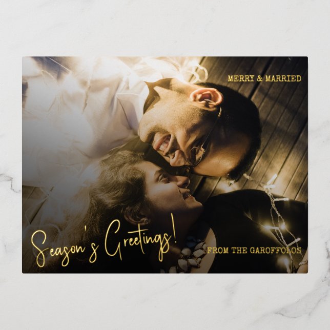 Modern Merry Married Personalised Photo Christmas Foil Holiday Postcard (Front)