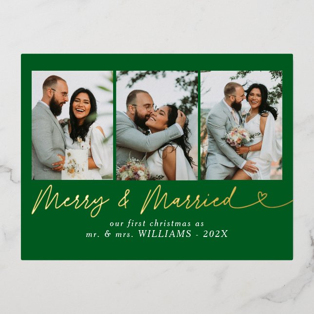 Modern Merry & Married Wedding Photo Christmas  Foil Holiday Postcard (Front)