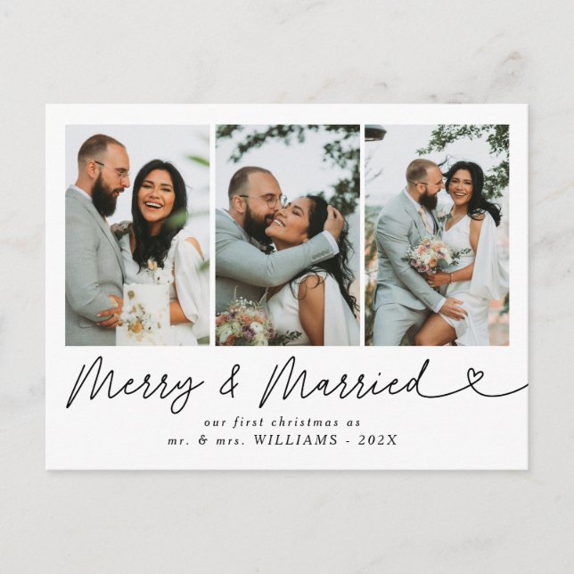 Modern Merry & Married Wedding Photo Christmas  Holiday Postcard (Front)