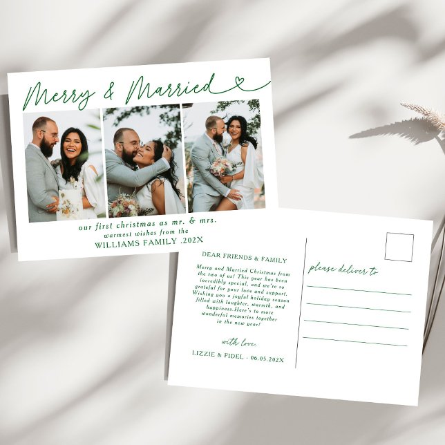 Modern Merry & Married Wedding Photo Christmas  Holiday Postcard (Creator Uploaded)