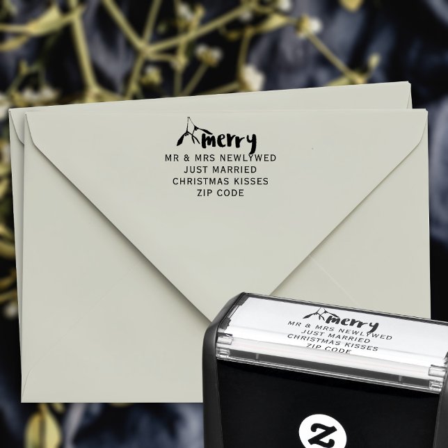 Modern Merry Mistletoe Christmas Return Address Self-inking Stamp (A modern merry mistletoe festive return address self inking stamp with space for your details)