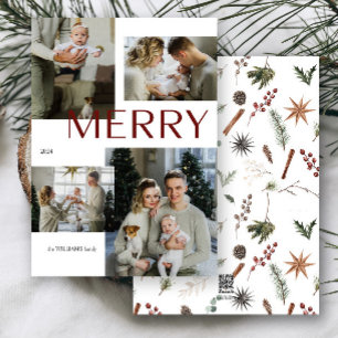 Modern Merry Multi Photo Botanical Watercolor  Holiday Card