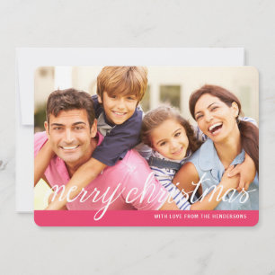 Modern Merry Pink Gray Photo Holiday Greeting Card