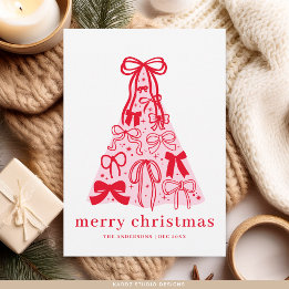 Modern Merry Pink Red Bow Tree Flat Holiday Card