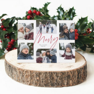 Modern merry red script 6 photo Christmas collage Holiday Card