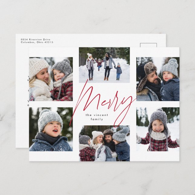 Modern merry red script 6 photo Christmas collage Holiday Postcard (Front/Back)