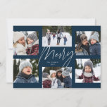 Modern merry script navy 6 photo Christmas collage Holiday Card<br><div class="desc">A college of 6 photos is collected around a modern merry script in the centre and a custom message. This simple design is trend forward and the perfect way to share a year of highlights with friends and family. The backer is a coordinating navy blue stripe.</div>