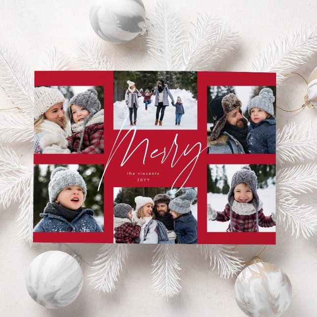 Modern merry script red 6 photo Christmas collage Holiday Card (Creator Uploaded)