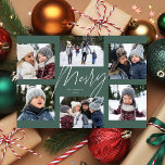 Modern merry script sage 6 photo Christmas collage Holiday Card<br><div class="desc">This holiday photo card features a college of 6 photos around a modern merry script in the centre and a custom message. This simple design is trend forward and the perfect way to share a year of highlights with friends and family. The backer is a coordinating sage green stripe.</div>