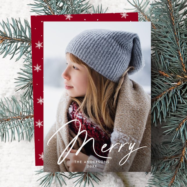 Modern Merry Signature Script Red Photo Holiday Card (Creator Uploaded)