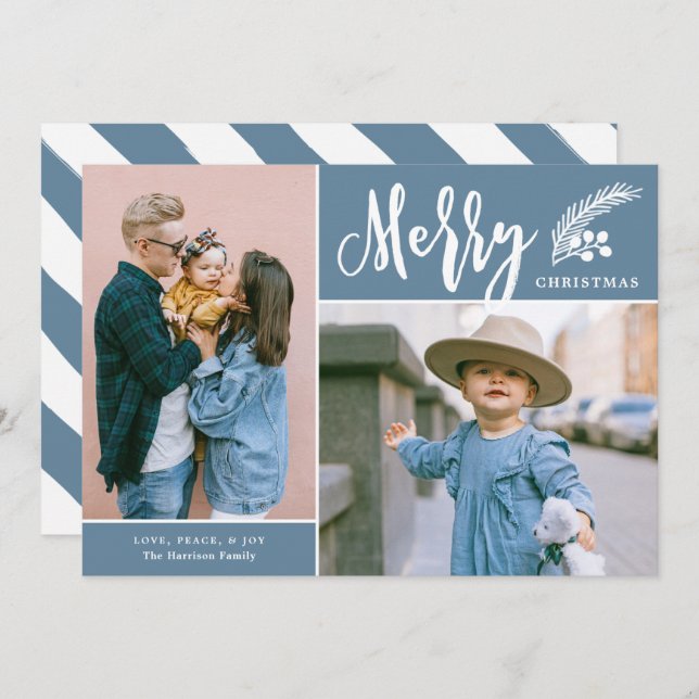 Modern Merry Two Photo Christmas Blue Holiday Card (Front/Back)