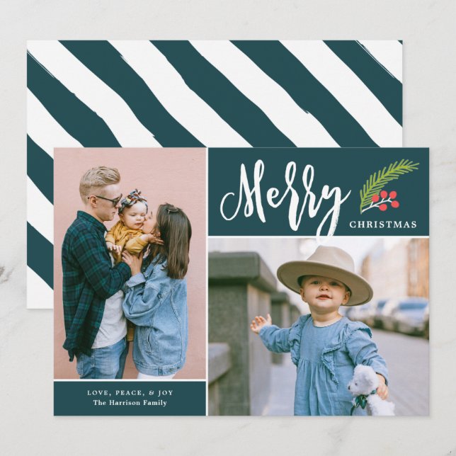 Modern Merry Two Photo Christmas Teal Holiday Card (Front/Back)