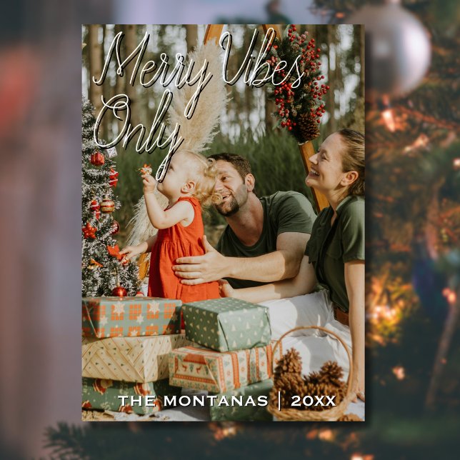Modern Merry Vibes Only Family Photo Forest Green Holiday Card (Creator Uploaded)