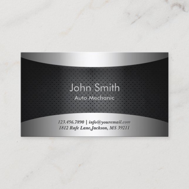 Modern Metal Professional Auto Mechanic Repair Business Card (Front)