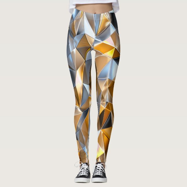 Modern Metallic Abstract Gold Silver Geometric Leggings (Front)