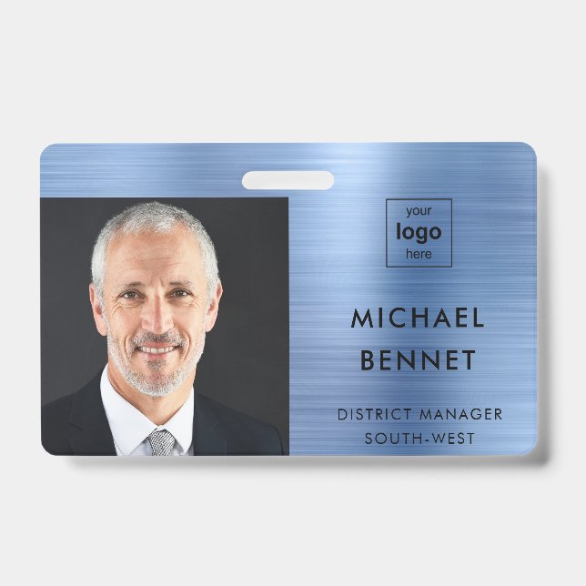 Modern Metallic Blue Company Photo ID  Badge (Front)