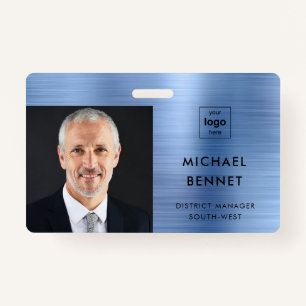 Modern Metallic Blue Company Photo ID  ID Badge
