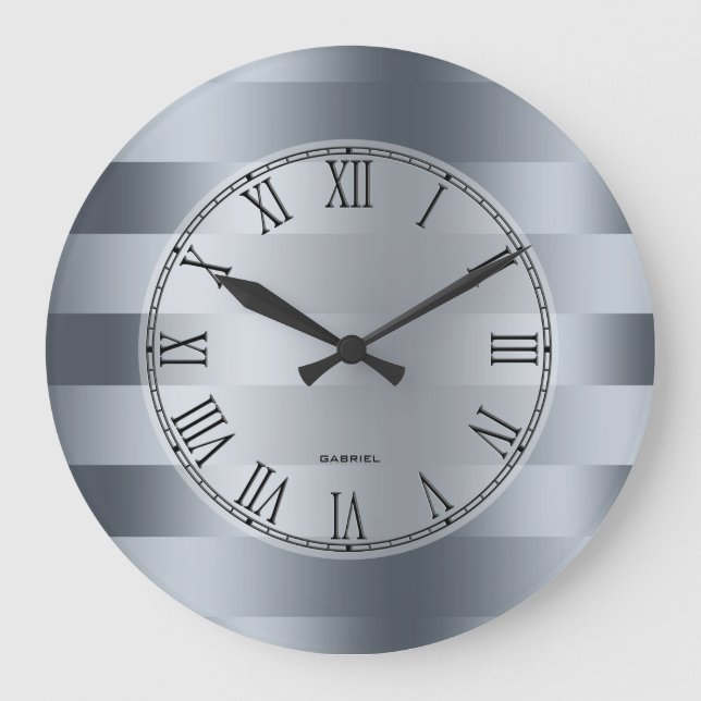 Modern Metallic Blue-Grey Stripes Pattern Large Clock (Front)