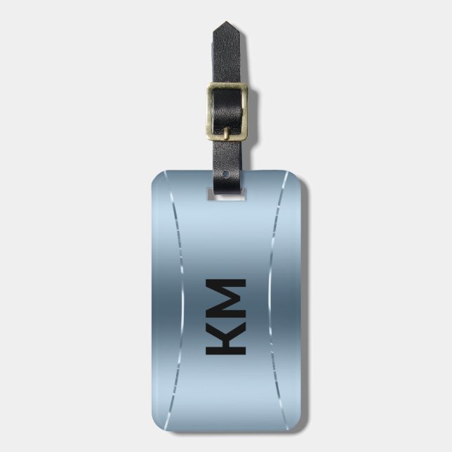 Modern Metallic Blue Stainless Steel Look Luggage Tag (Front Vertical)