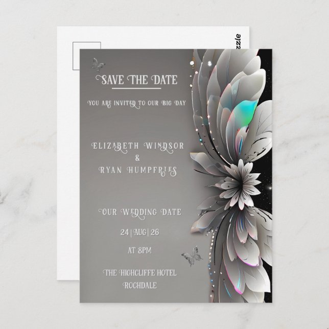Modern Metallic Floral Wedding Invitation Postcard (Front/Back)