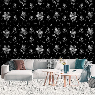 Modern Metallic Flowers Black And Silver Floral Wallpaper