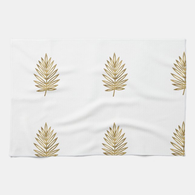 Modern Metallic Gold Botanical Palm Leaf Pattern Tea Towel (Horizontal)
