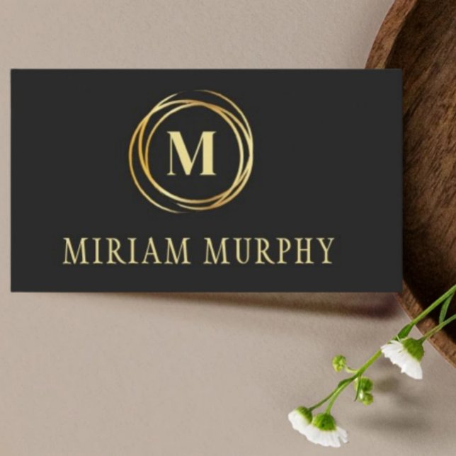 Modern metallic gold circle shape faux monogram business card (Creator Uploaded)