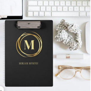 Modern metallic gold circle shape monogram black clipboard