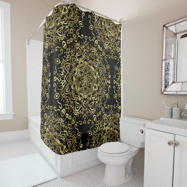Modern Metallic Gold Mandela Shower Curtain (In Situ)