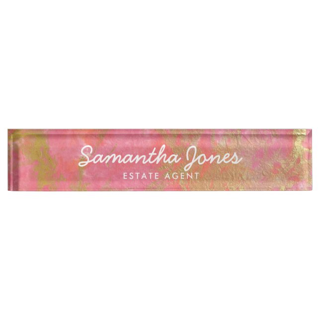 Modern Metallic Gold Pink Marble Personalised Nameplate (Front)